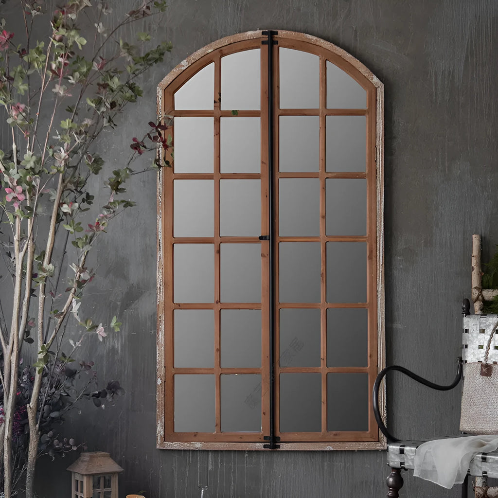Terrace distressed fake window style wall mirror with wooden frame and glass, log colour finish, A316 design.