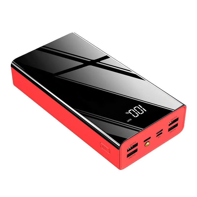 Black and red 40000mAh power bank with LCD screen showing battery percentage