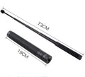 Black retractable aluminium selfie stick extended with phone attached and Bluetooth remote