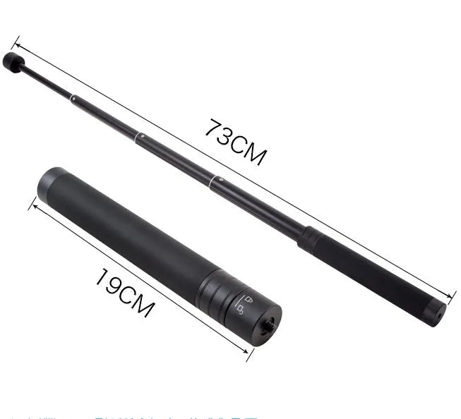 Black retractable aluminium selfie stick extended with phone attached and Bluetooth remote