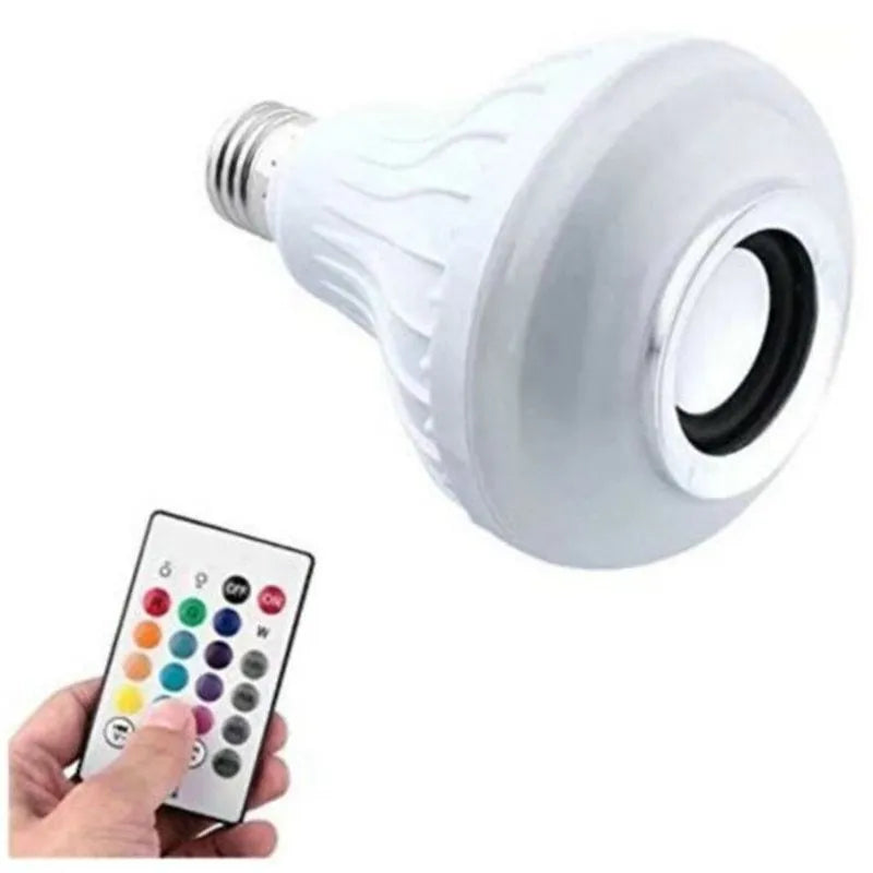 White smart LED Bluetooth speaker light bulb with E27 screw base for colour-changing mood lighting.