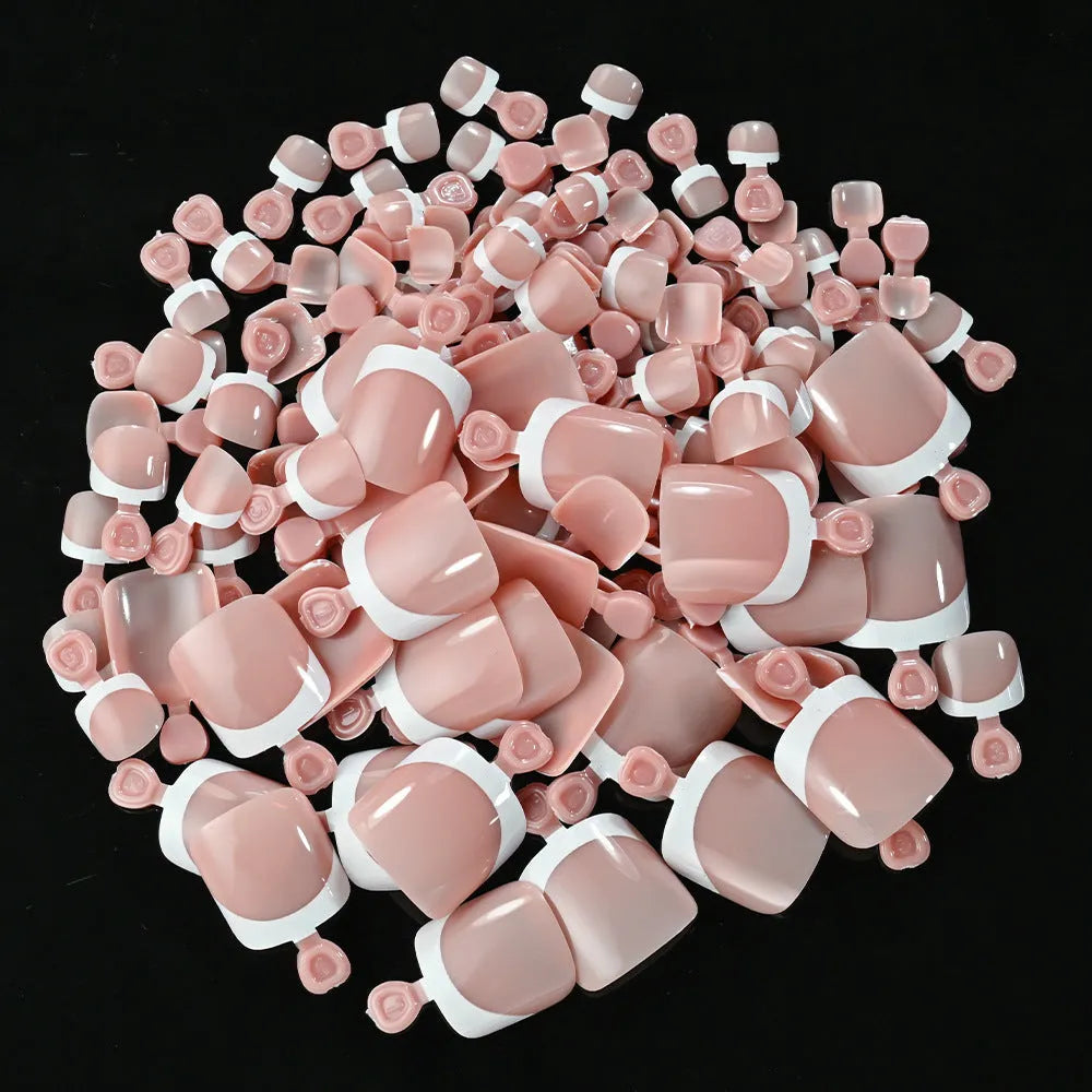 120 piece French white edge false toe nails in nude colours, full square short shape.