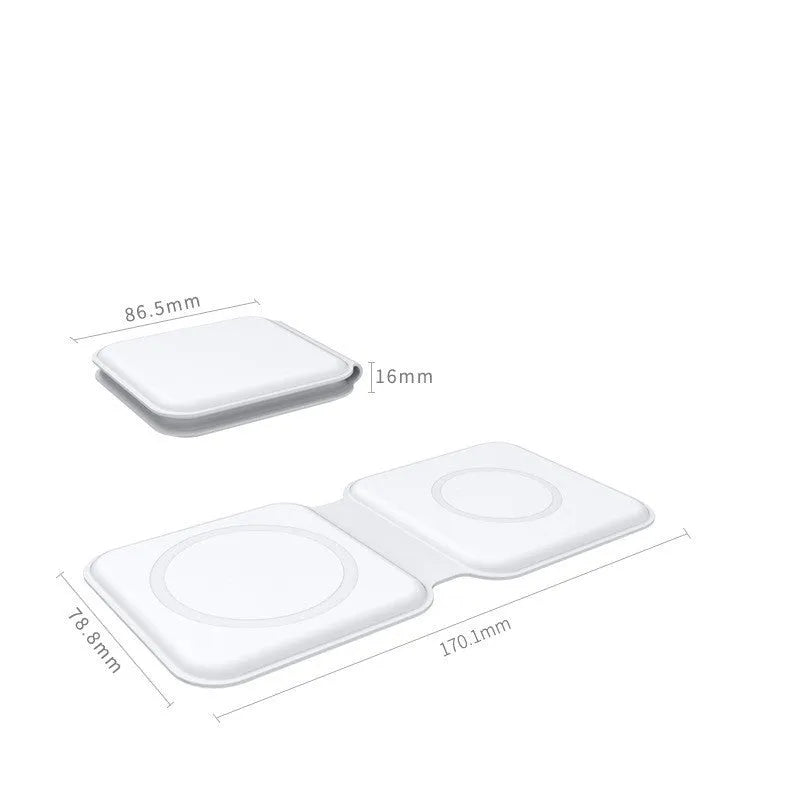 White foldable magnetic wireless charger showing dual charging surfaces and adjustable stand