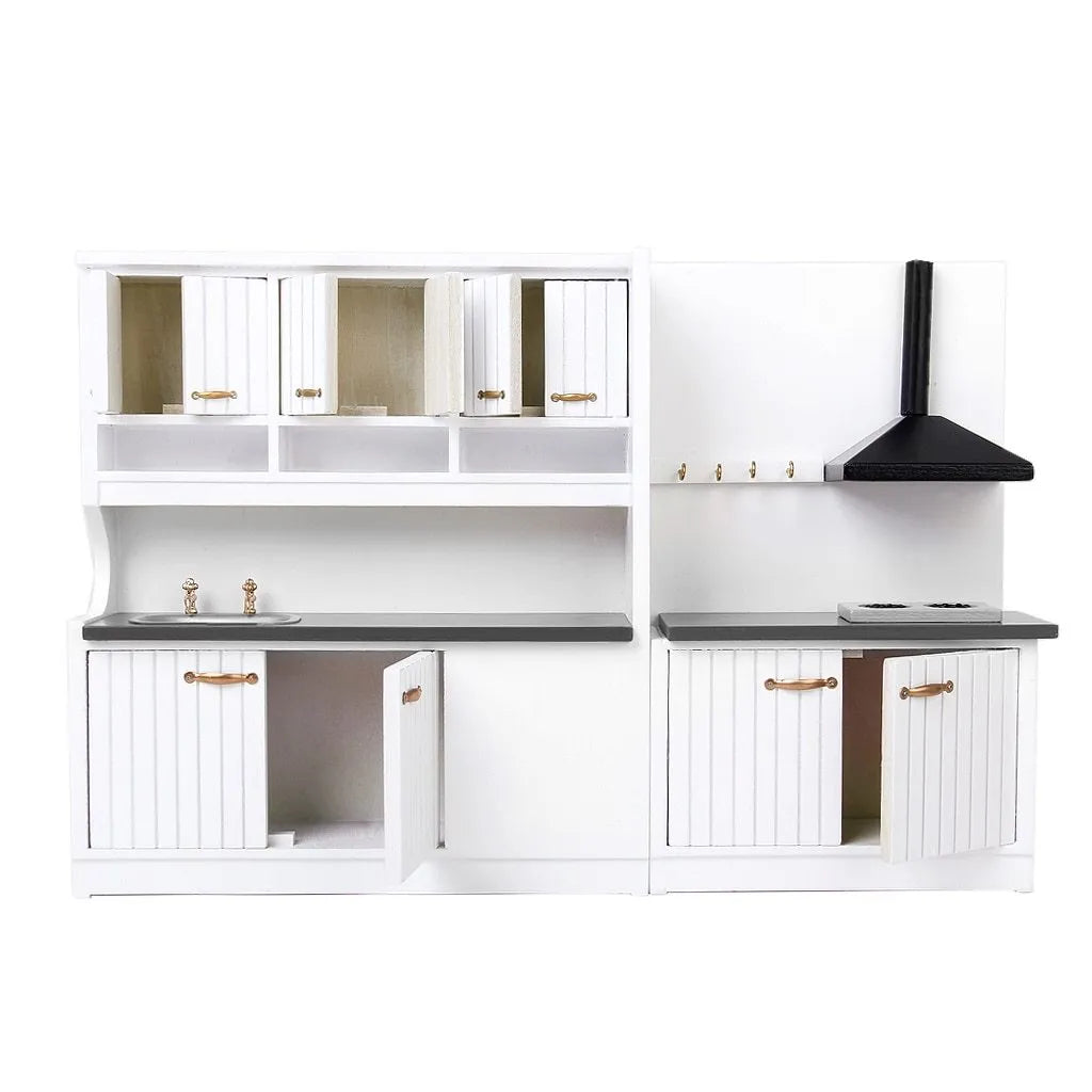 White birch wood dollhouse kitchen cabinet set with sink and stove cabinets and working doors