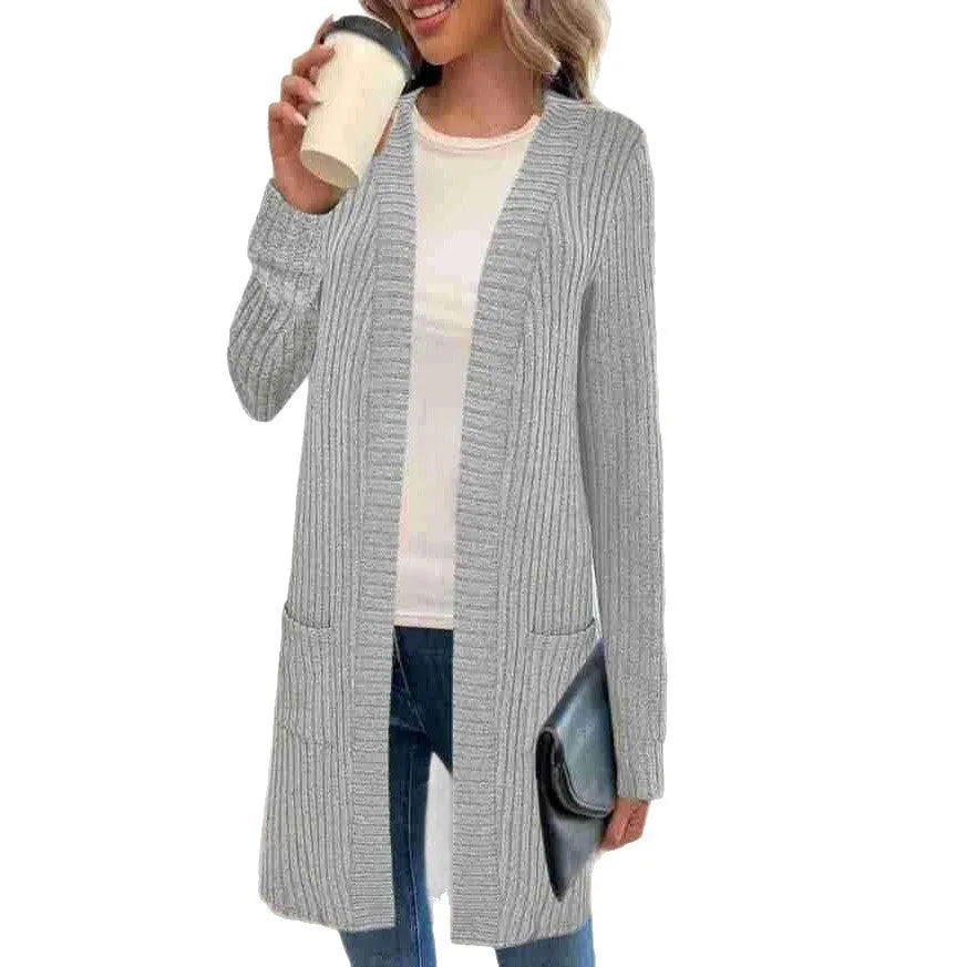 Loose fit knitted cardigan jacket in black colour with long sleeves and open front design