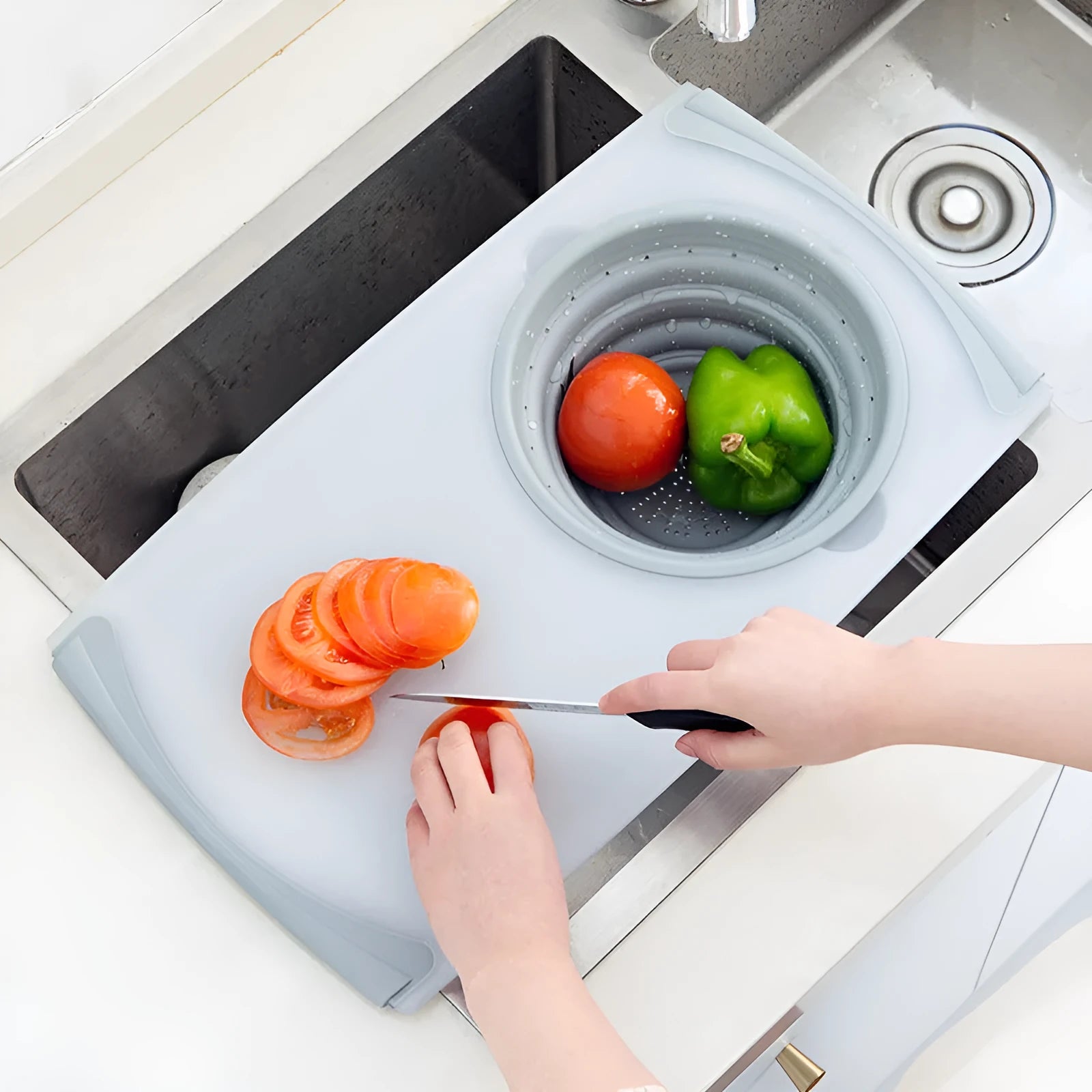 Gray PP+TPR multi-functional 3 in 1 chopping board with detachable folding drain basket and thickened cutting surface