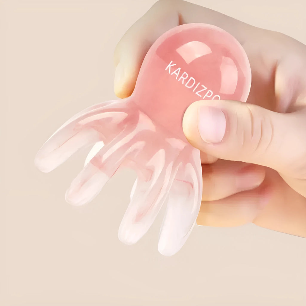 Pink octopus-shaped natural resin massage comb for facial and head massage with storage bag