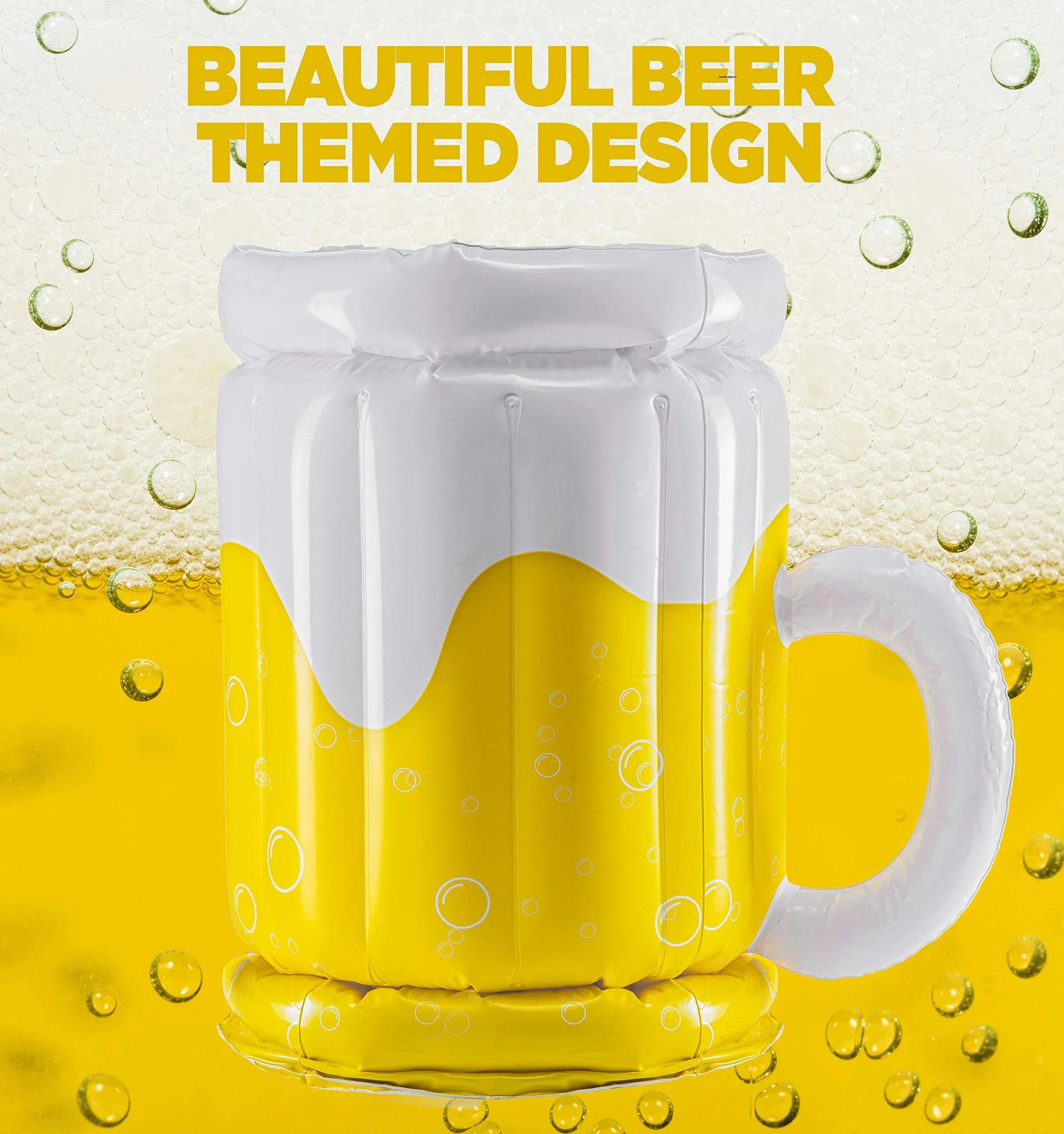Yellow inflatable beer mug shaped cooler float with drink holders in a swimming pool