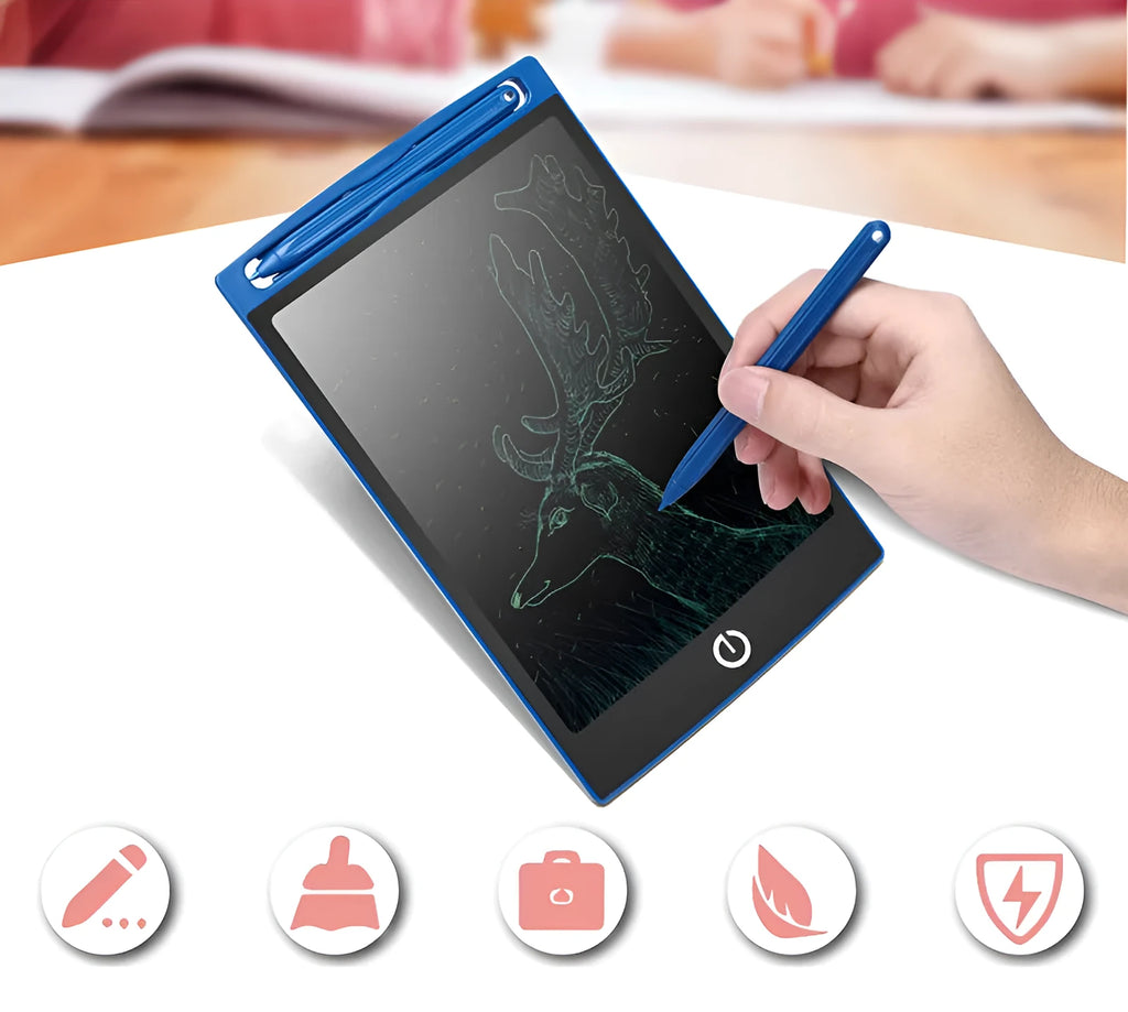 LCD writing tablet with pressure-sensitive blue-green screen and black ABS frame on desk