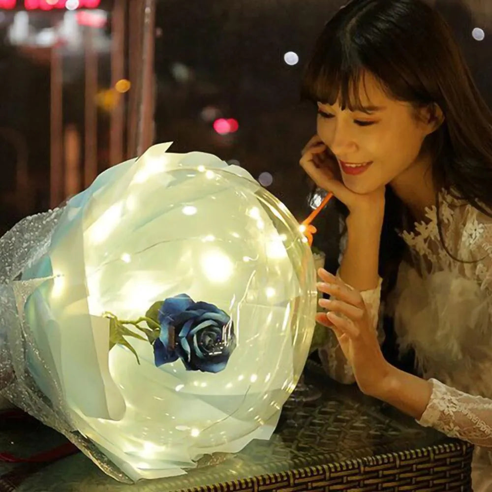 LED Luminous Balloon Rose Bouquet transparent bobo balloon with artificial rose and LED light