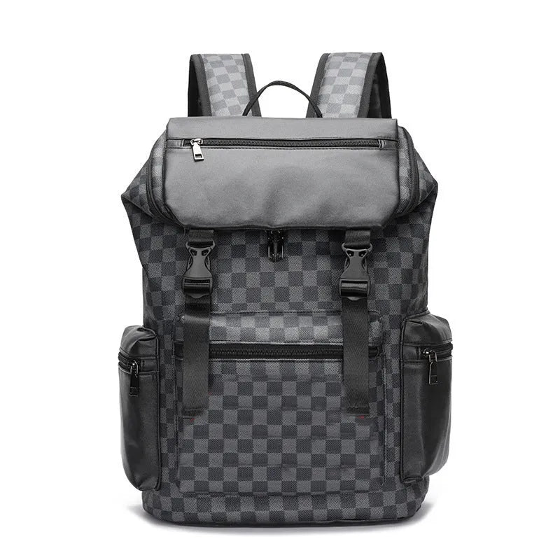 Korean casual checkered printed large capacity PU leather backpack with curved shoulder straps