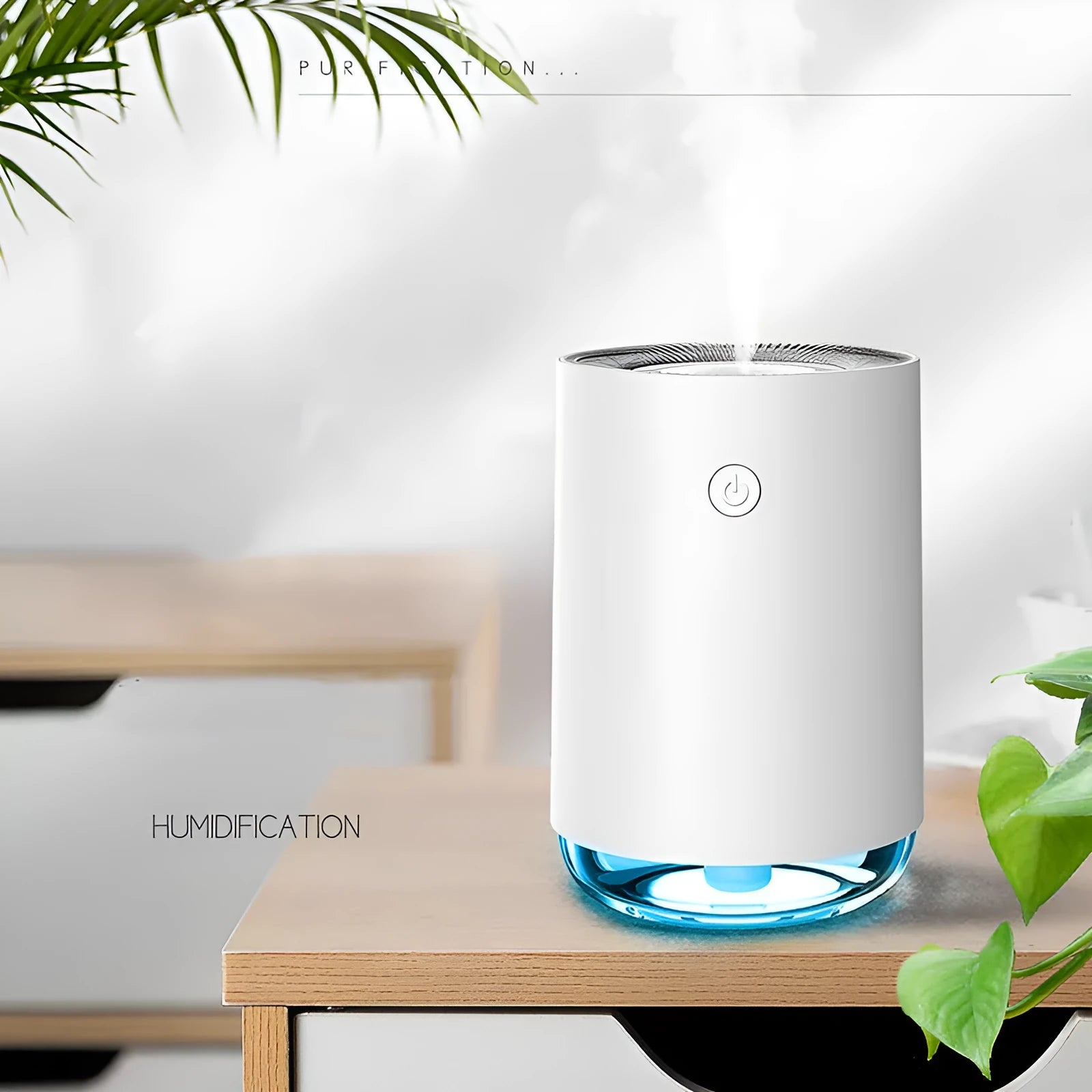 Night light humidifier spray diffuser in white, DC5V, 2W, ABS and PP construction