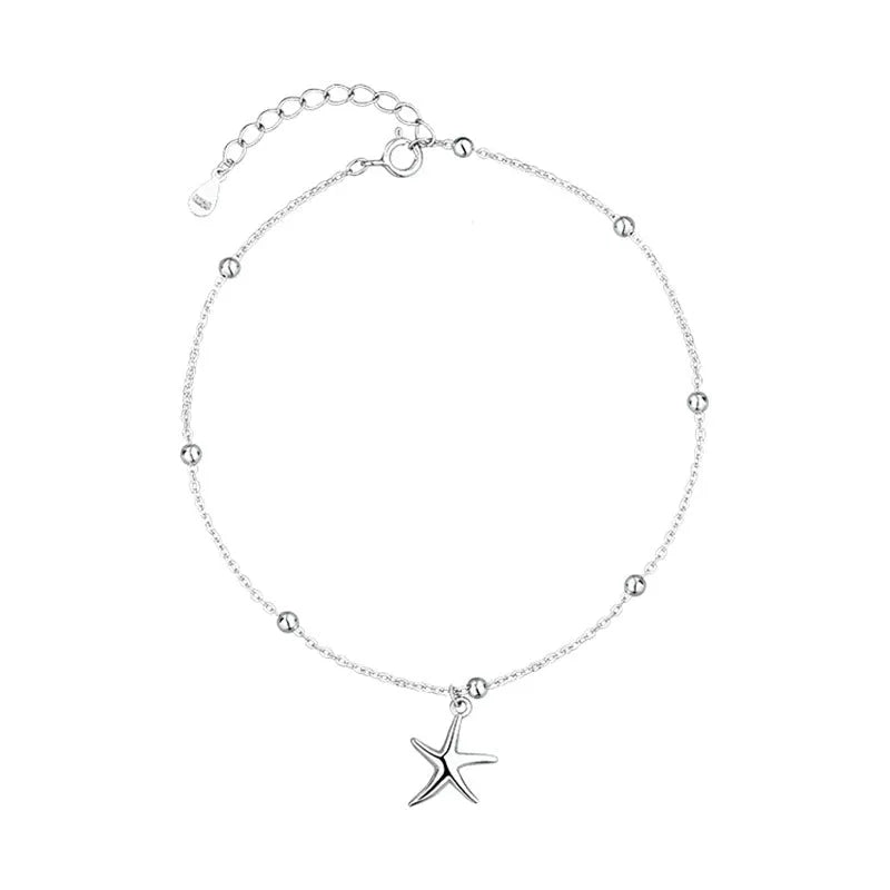 S925 sterling silver anklet with a starfish charm and adjustable beaded chain.