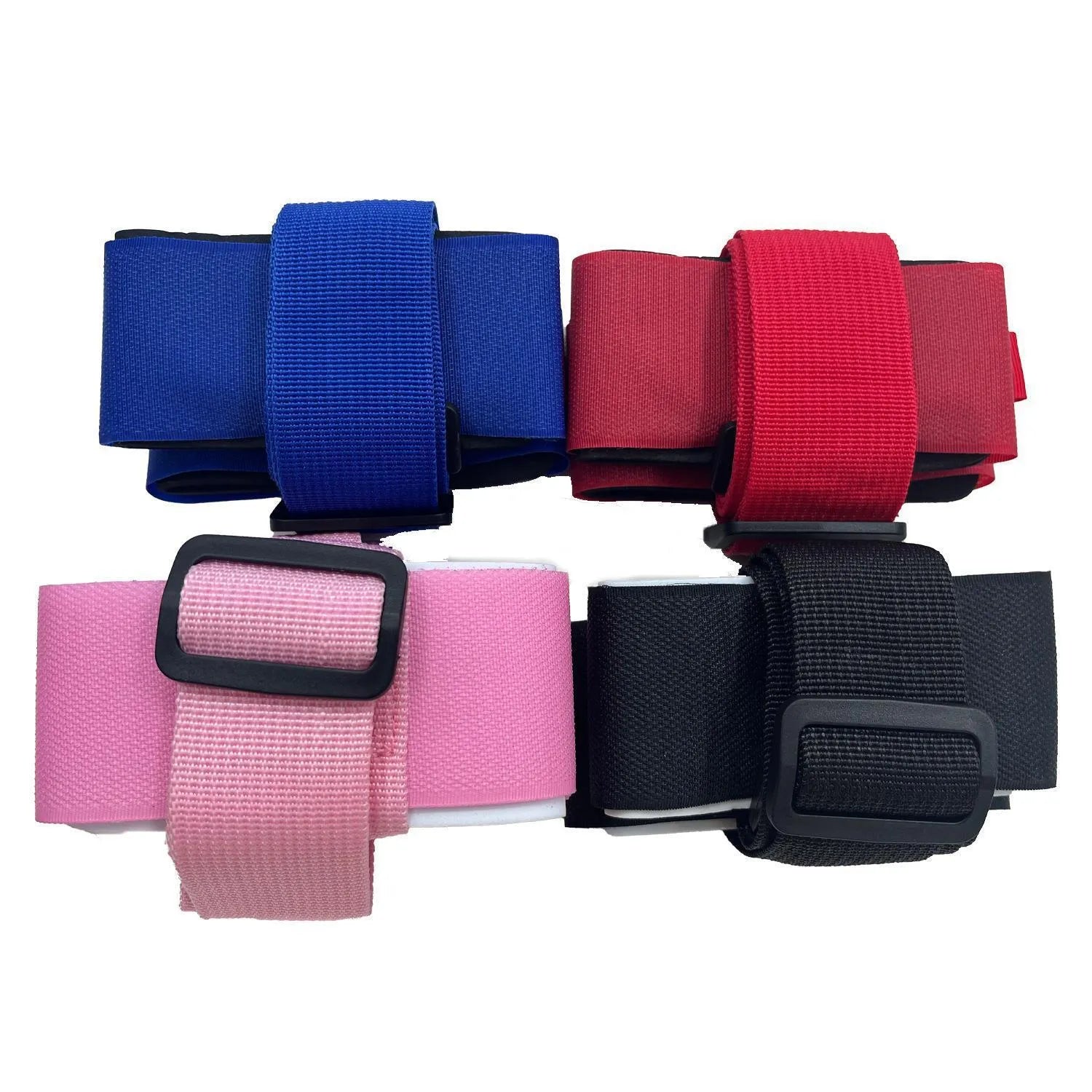 A black adjustable hook and loop shoulder strap for carrying a sled, showing the fixed sewing construction.