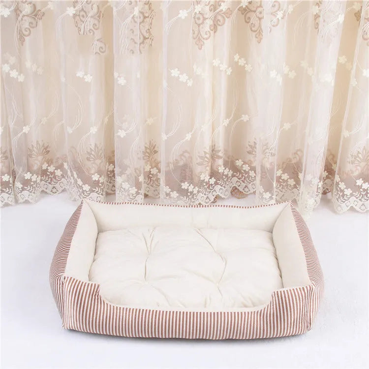 Oval cloth pet bed in Grey stripe, 60 cm diameter, with raised rim and anti-slip base