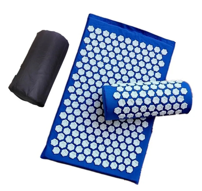 Lotus acupressure mat set with pillow and cloth carry bag on floor