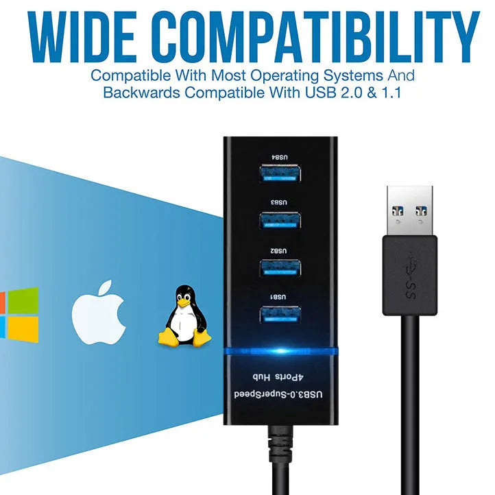 Black 4-port USB 3.0 hub with LED indicators and 29cm cable for desktop PC or laptop