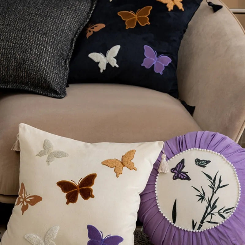 Chinese style butterfly embroidery decorative cushion 45x45cm in beige, black, or purple