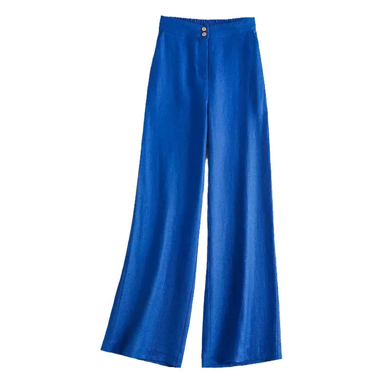 Linen wide-leg high waist women's casual trousers with spandex in Earth Gold colour lying flat