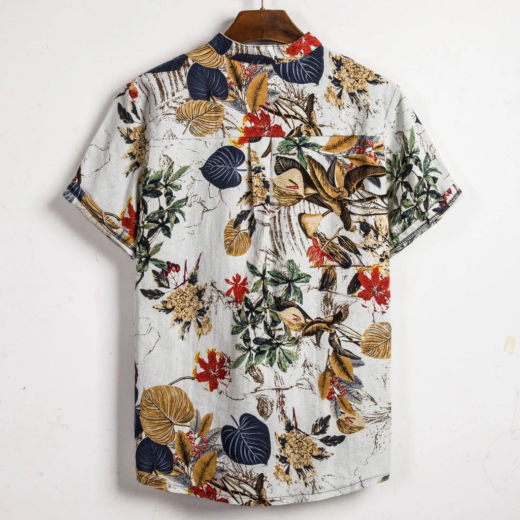 Men's slim fit contrast colour printing short sleeve shirt in blue with square collar and cardigan front