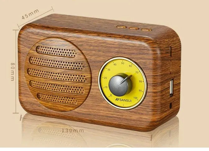 T1 portable Bluetooth speaker with wood grain finish showing compact design and speaker grille
