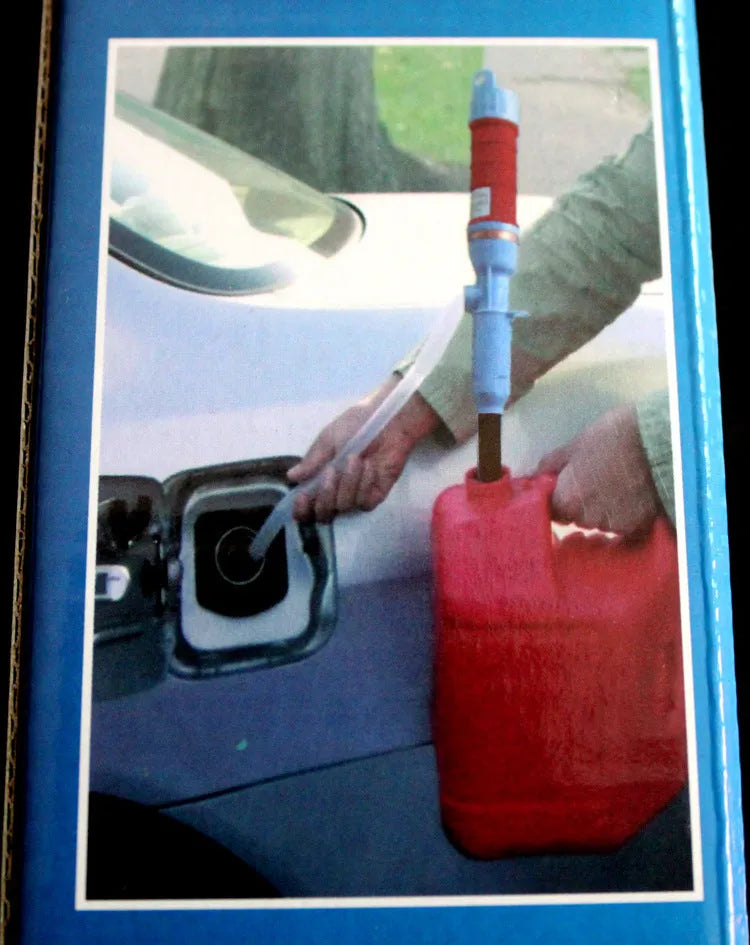 Blue manual siphon hand pump with a long hose for transferring fuel and liquids.