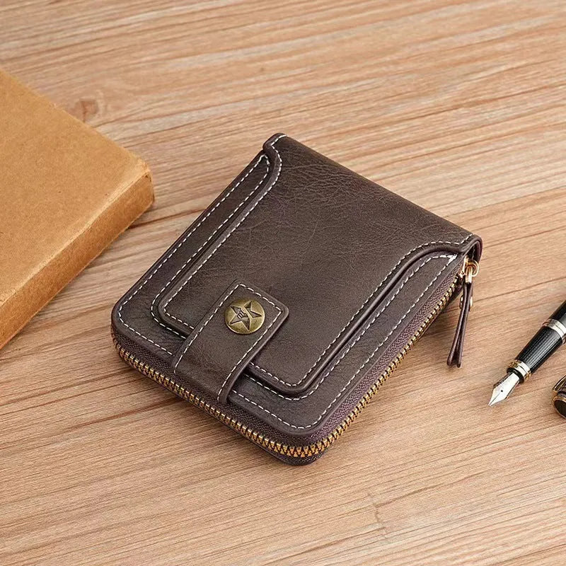 Men's short style PU bifold wallet in black with two-fold construction for card and cash storage