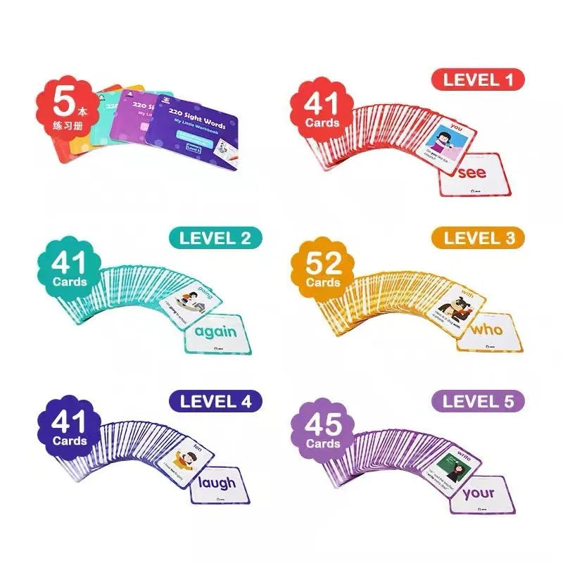 High frequency word card gift box set with 220 game cards and 5 workbooks for early childhood literacy