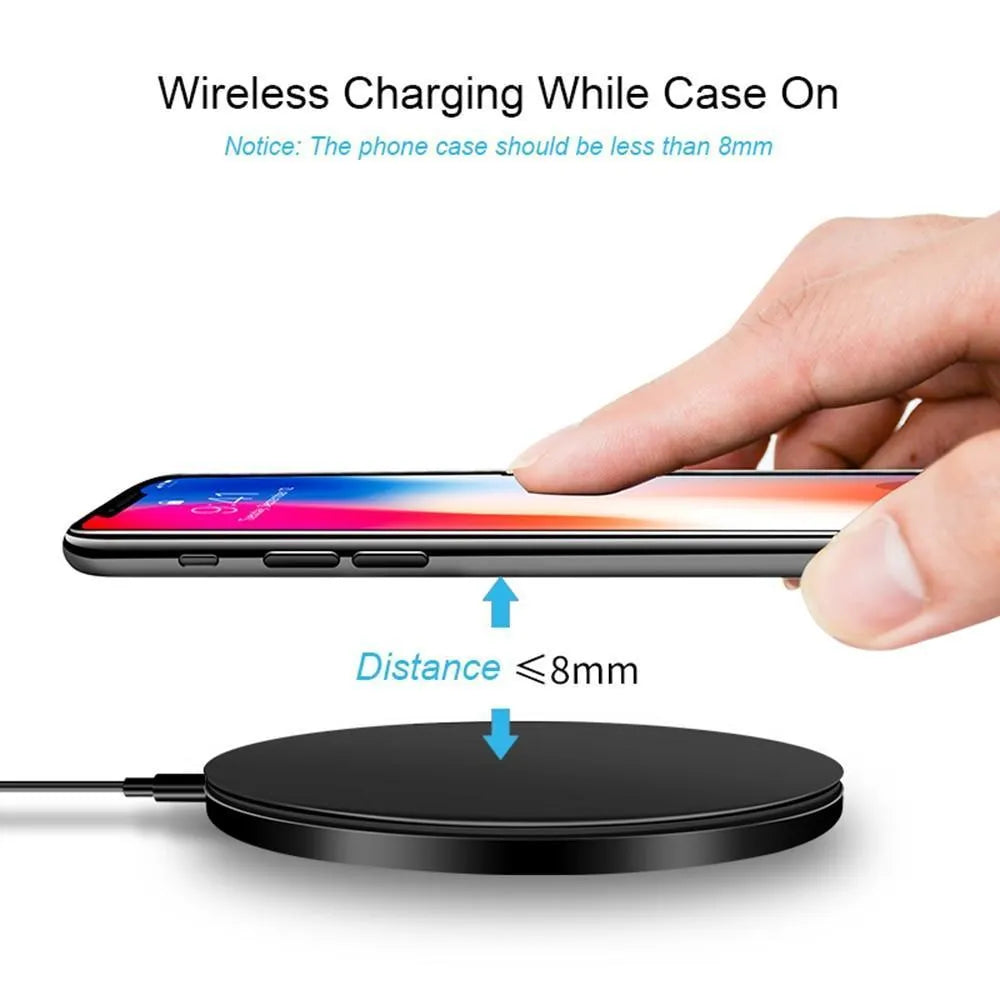 Black ultra-thin wireless charging base with 98mm square design for QI smartphone charging