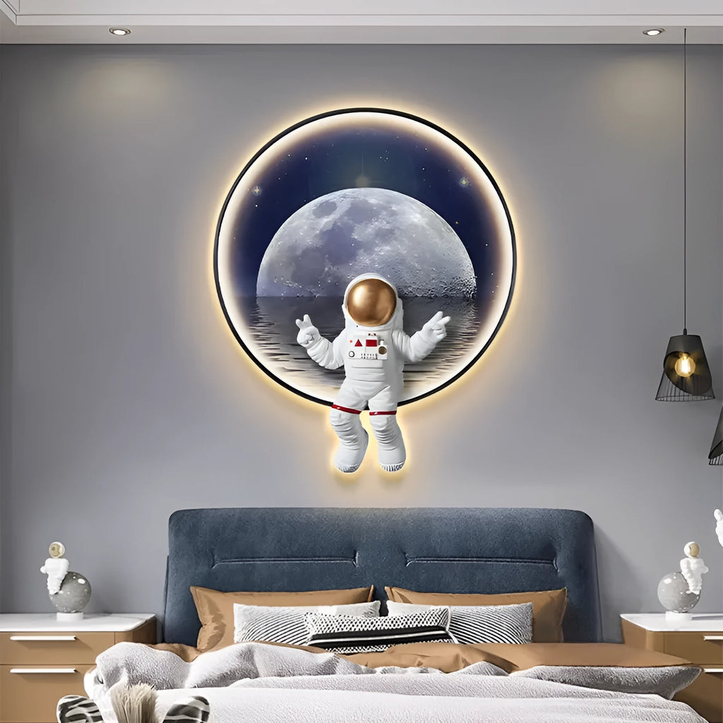 Canvas spaceman wall painting bedside lamp with USB cable in small size modern children's room decor