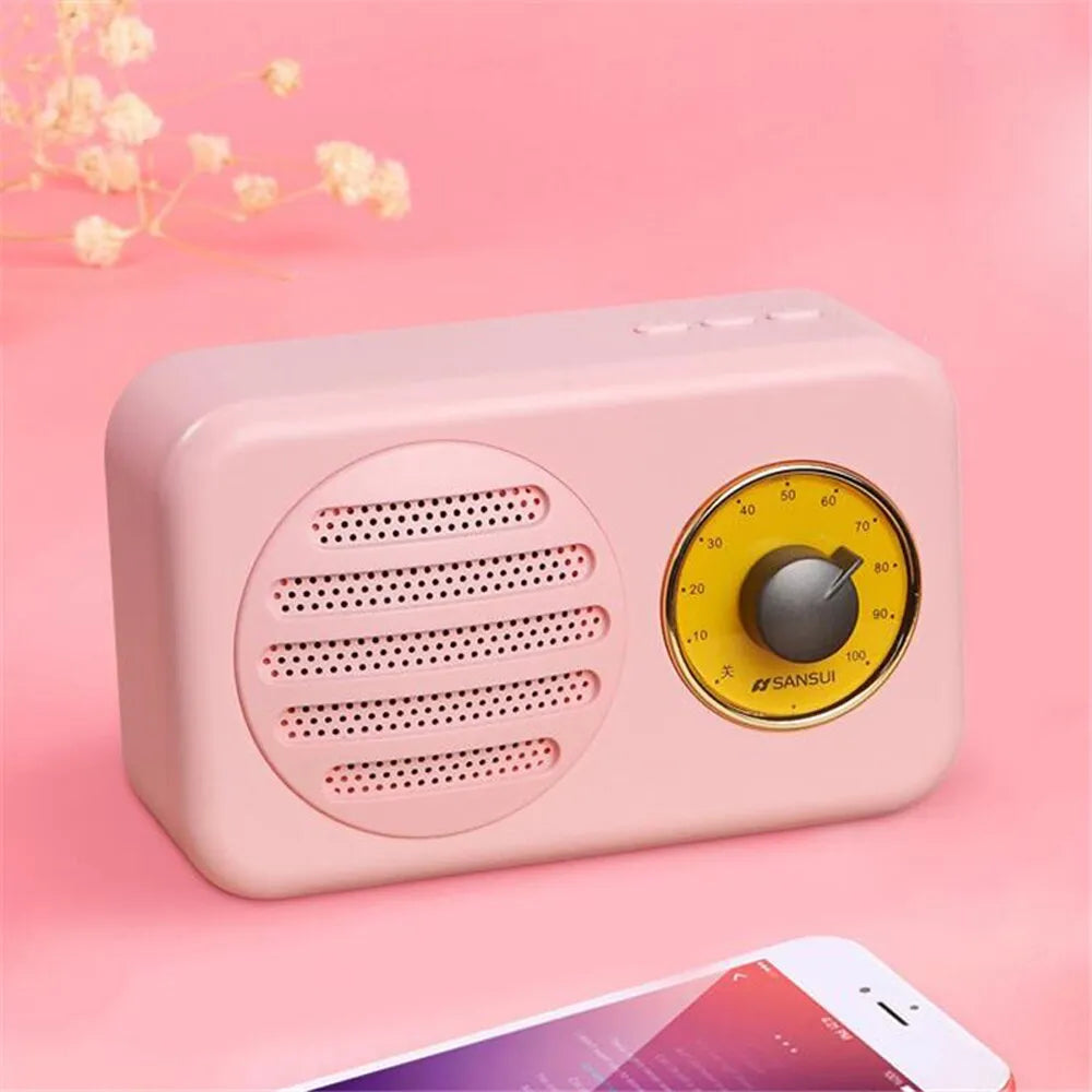 T1 portable Bluetooth speaker with wood grain finish showing compact design and speaker grille