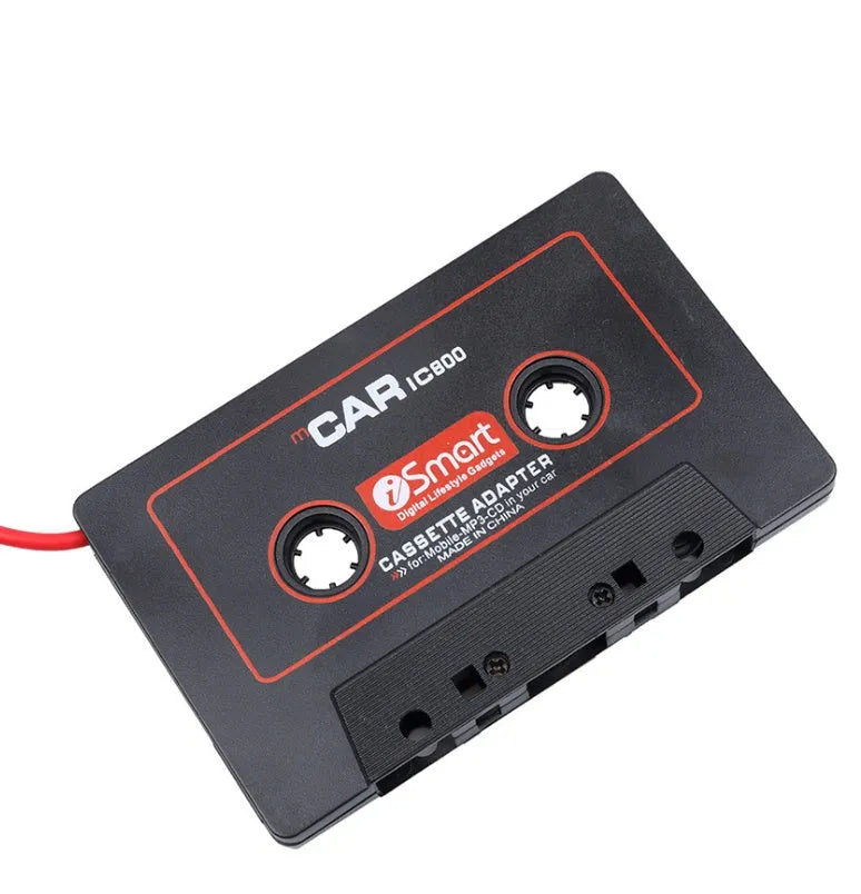 Black car cassette tape adapter with a 3.5mm audio jack plug for connecting MP3 players and phones.
