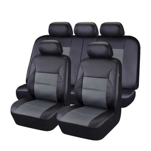 Artificial leather car seat covers in black, grey, beige, red or blue colours with headrest covers