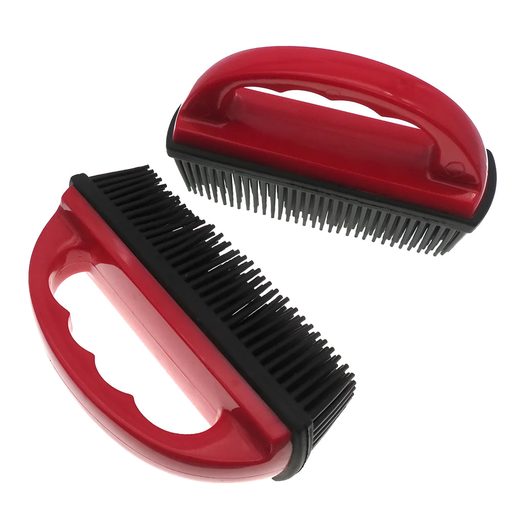 Red pet hair removal brush with curved rubber bristles measuring 160mm by 85mm