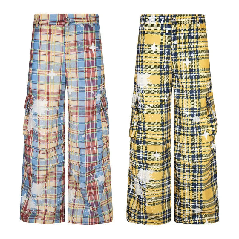 Men's retro plaid loose straight casual pants in blue colour, polyester fabric, mid-waist design