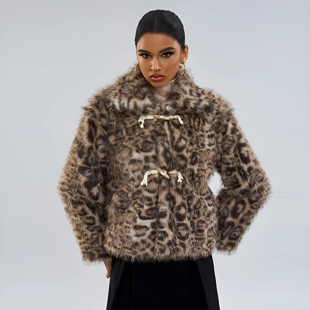 Women's leopard print coat with a buckle lapel closure and regular sleeves.