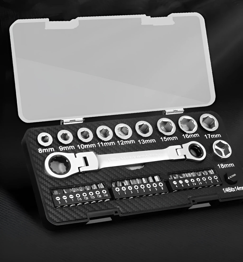 Ratchet wrench set with sockets and batch heads arranged alongside dual-purpose tool