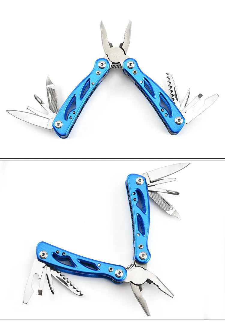 Blue multi-function pliers fruit knife folded on Oxford bag, 125mm length, stainless steel 420 and aluminium build