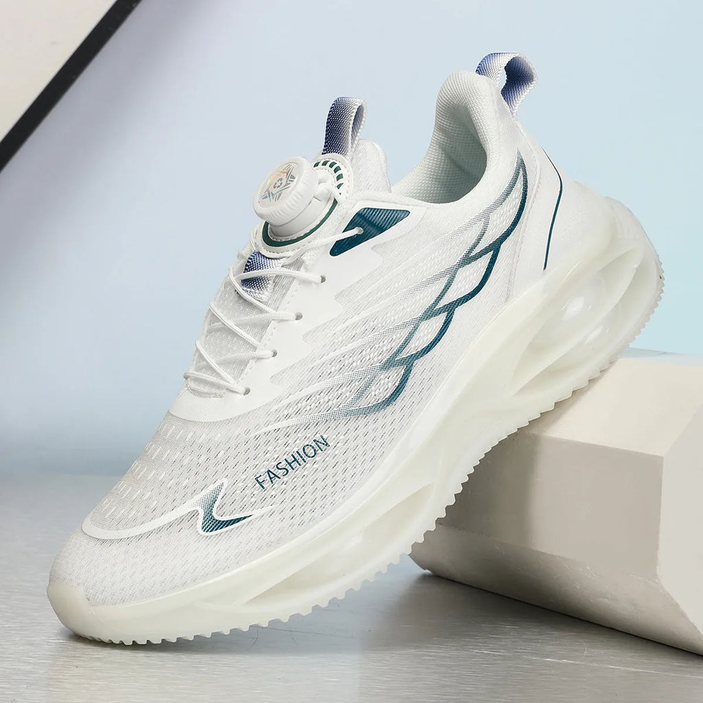 Unisex casual running shoe in white with PU mesh upper, rubber sole, and front lace-up.