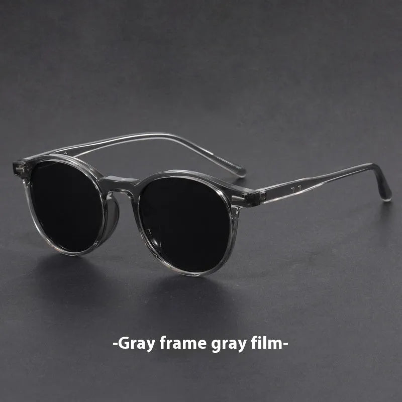 Ultra-light round frame retro sunglasses with polarised grey lenses in sand black colour
