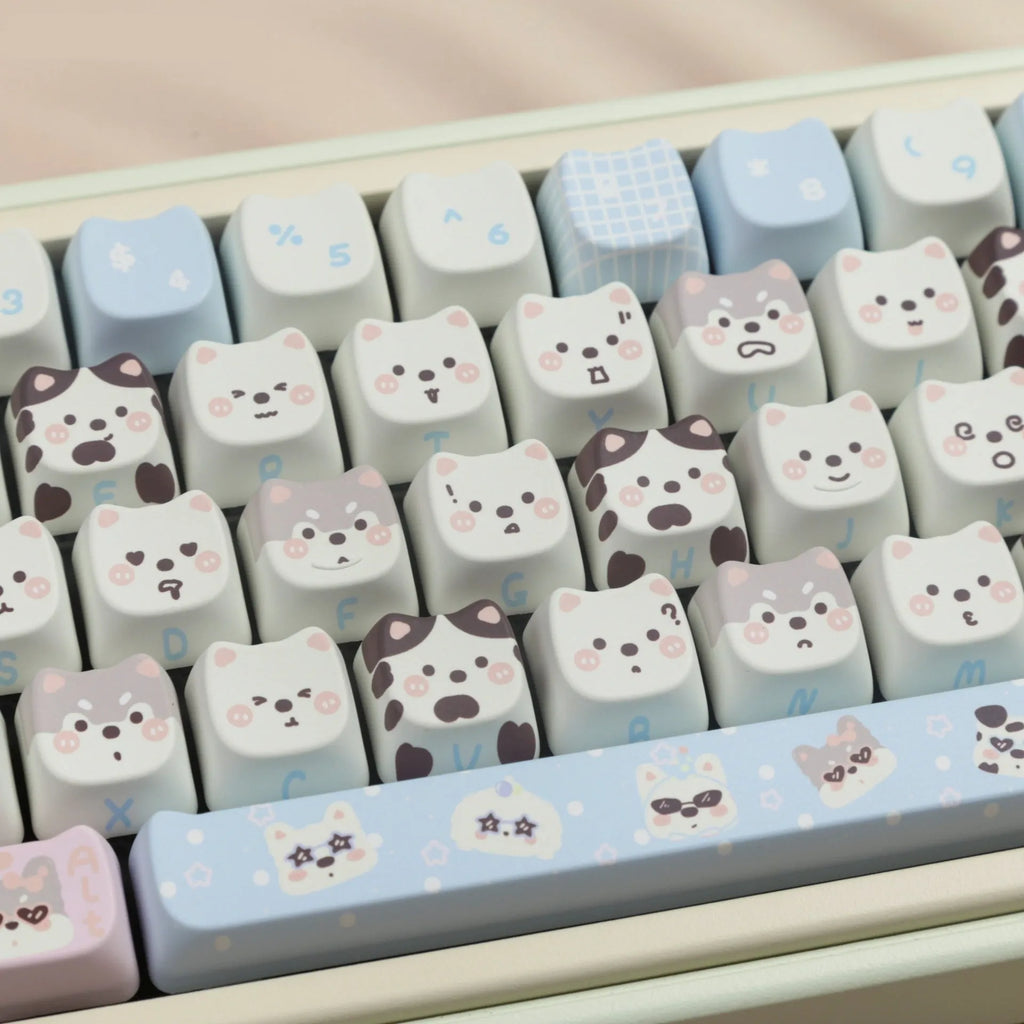 Cute puppy themed 26-key PBT plastic key cap set for mechanical keyboards with sublimated artwork