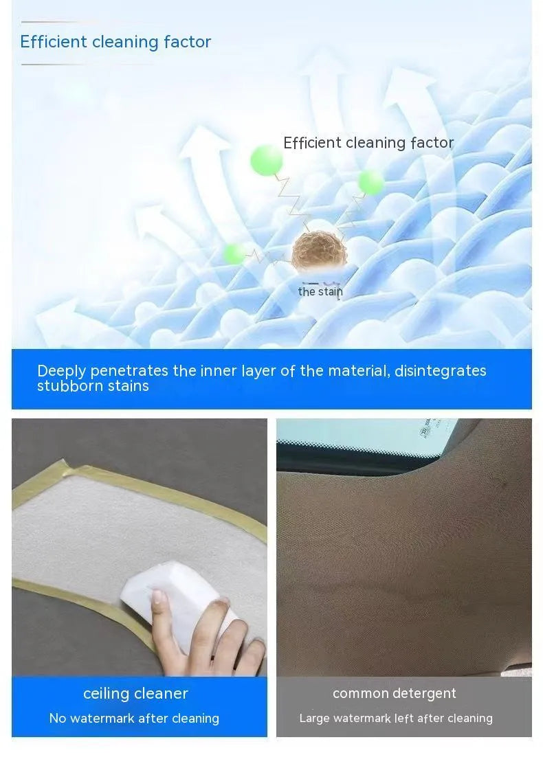 Bottles of ultrasonic fabric roof foam decontamination cleaner with towel and sponge wipe accessories.