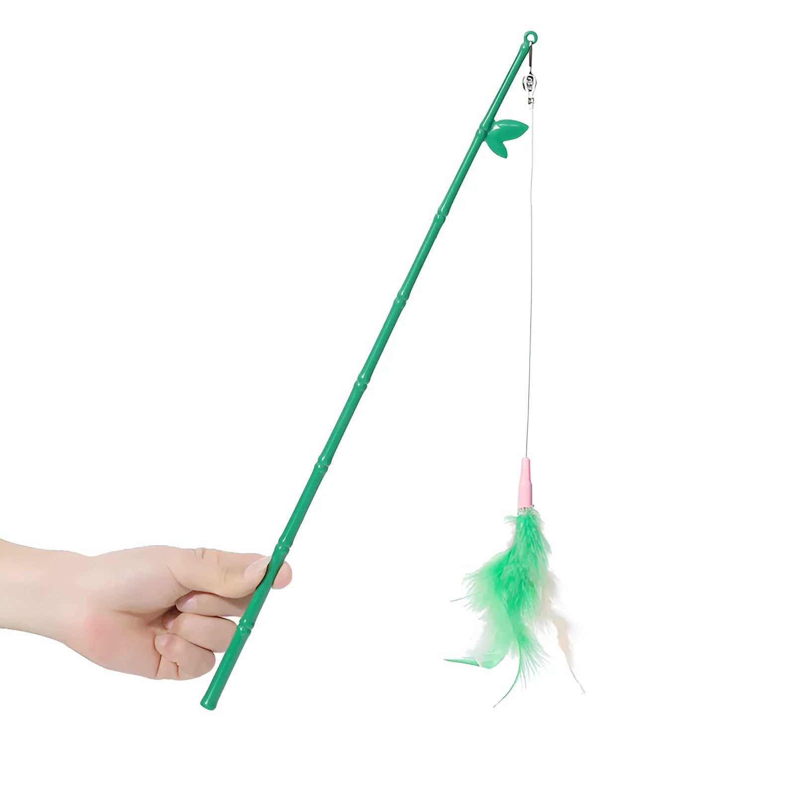 Interactive cat toy feather wand with green bells and feathers on a durable wand