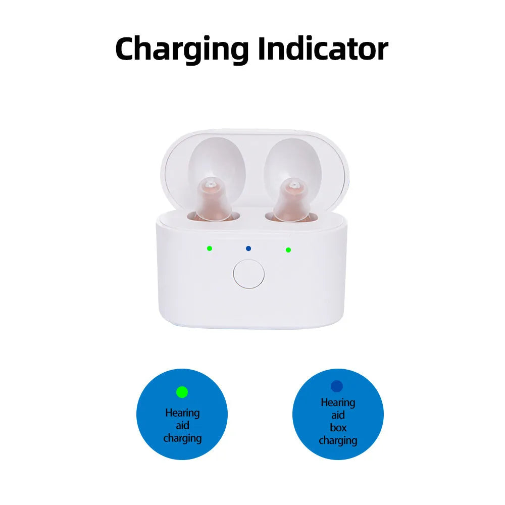 Rechargeable hearing aids with magnetic charging case in beige, red and blue