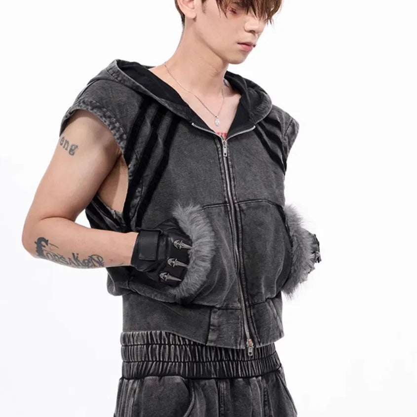 Stitching fur sleeveless hooded zipper tank top in black and gray, short Korean-style vest