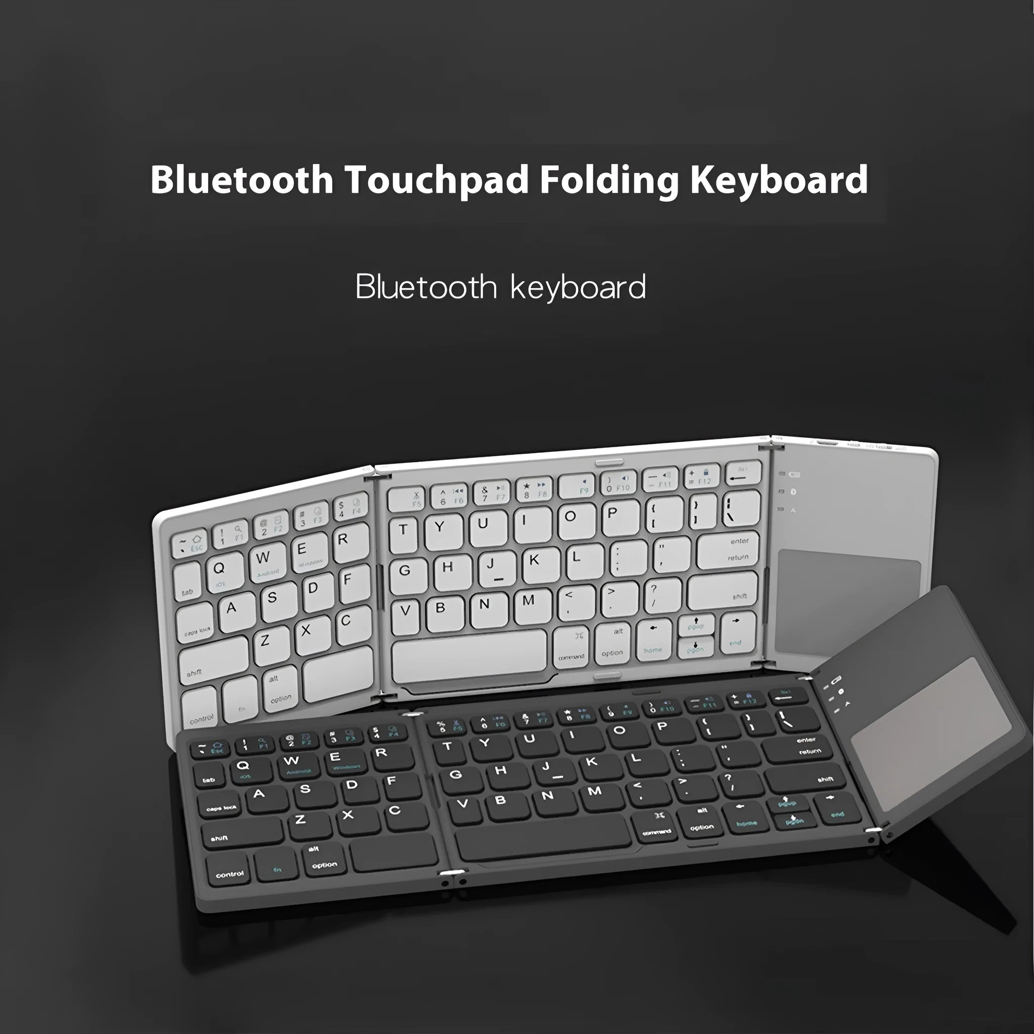 Mini tri-fold aluminium Bluetooth keyboard shown folded to 30.2cm length beside smartphone