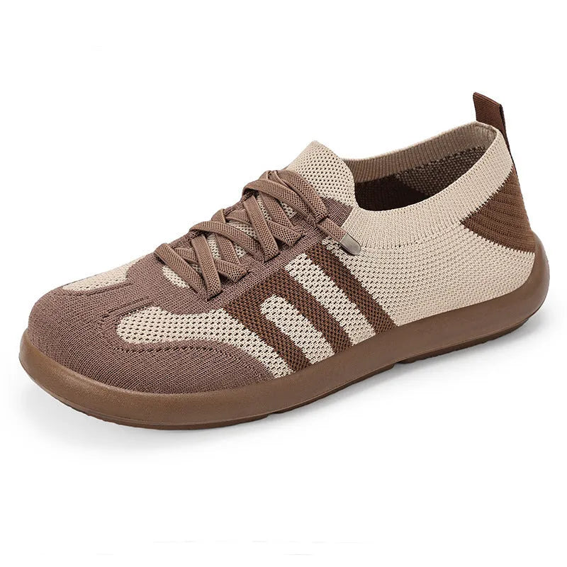Retro German training shoes in camel with flyknit upper, polyurethane sole, and front lace-up closure