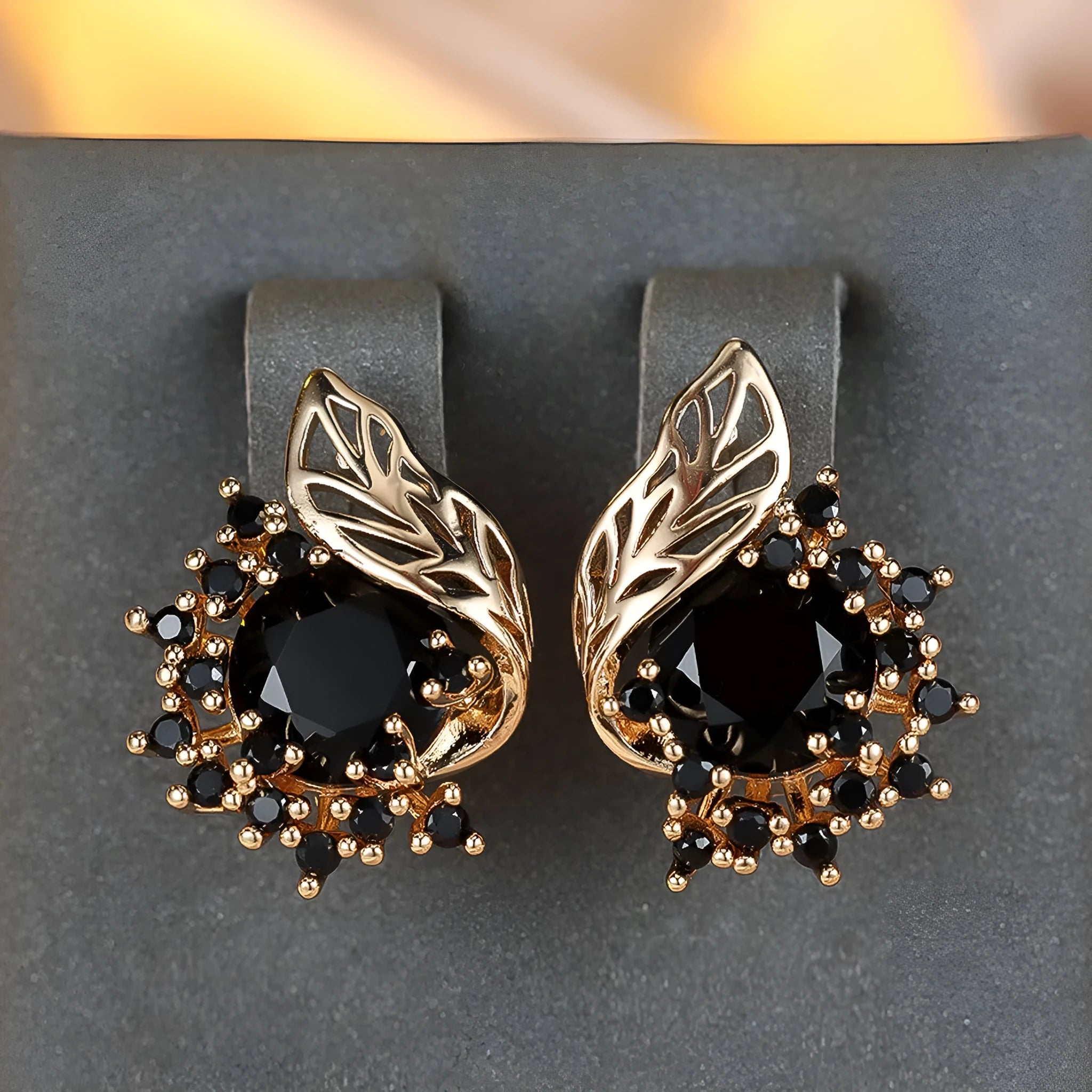 Round flower feather earrings with zircon stones in champagne gold finish, showing six colour variations