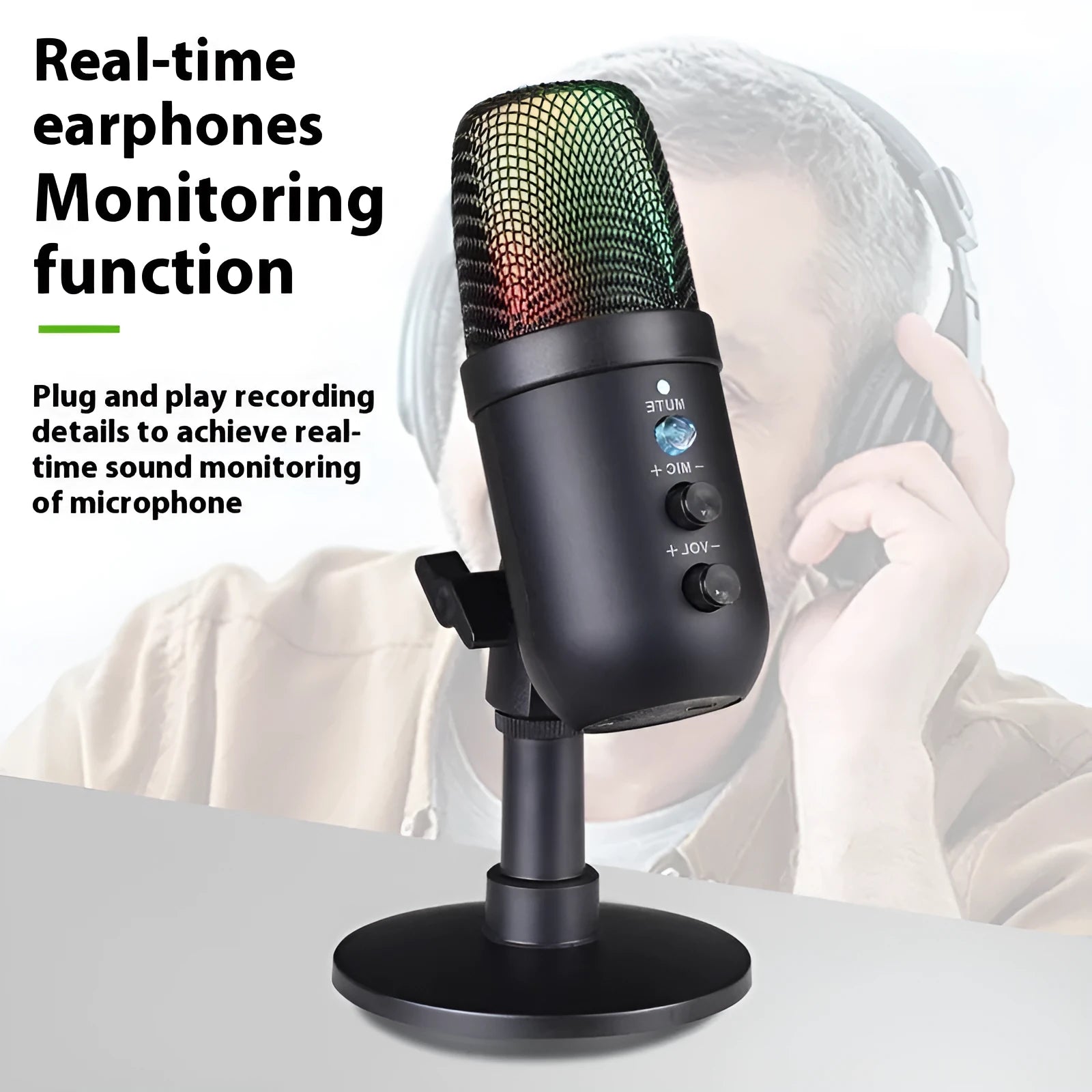 Black USB microphone with RGB lighting for computer live streaming and karaoke