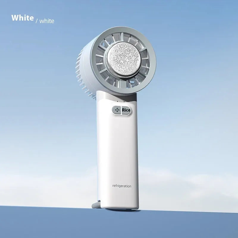 White handheld turbo jet fan with ice cooling function, 3600mAh battery, and brushless motor on a white background